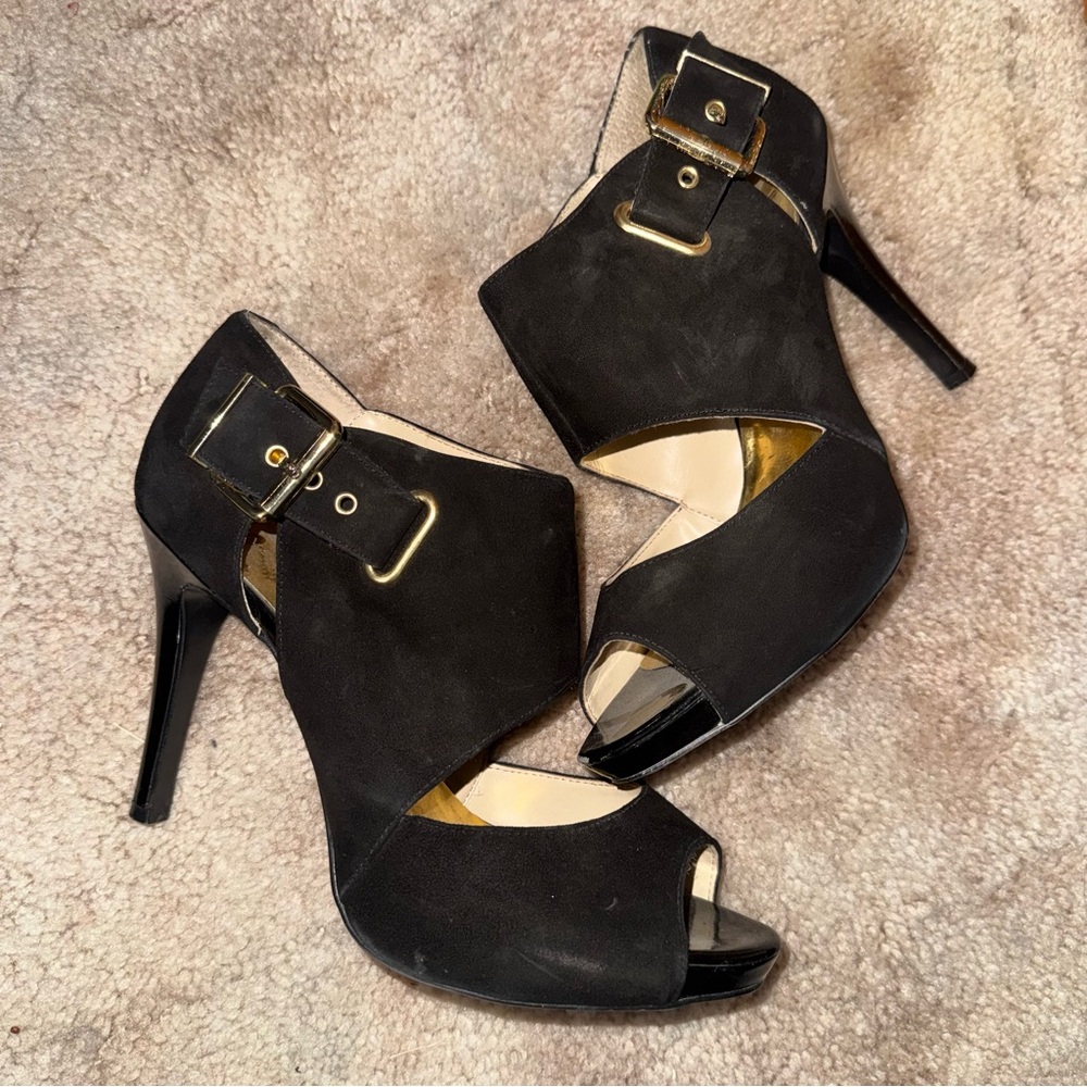 Nine West Black Suede Peep-Toe High Heel Sandals with Gold Accents